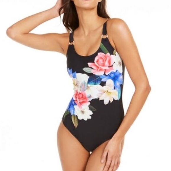 Calvin Klein Other - 🎁5/$25 Calvin Klein Black Floral Print One Piece Full Coverage Swimsu…